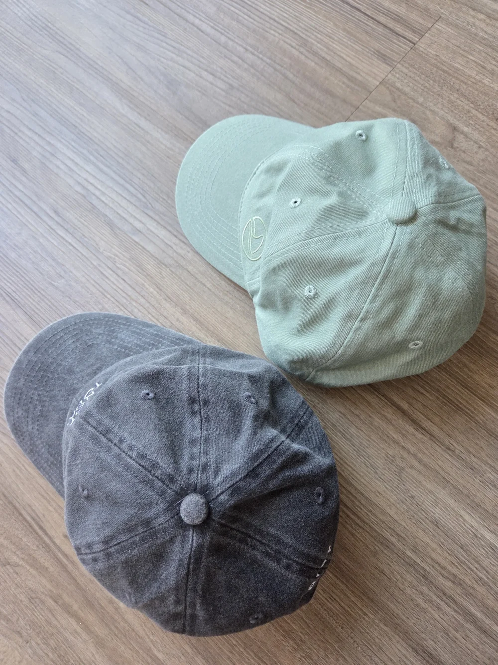 NWOT Caps: Arey Not Today Charcoal Gray & Biossance Sage Green Dad Hats Lot of 2